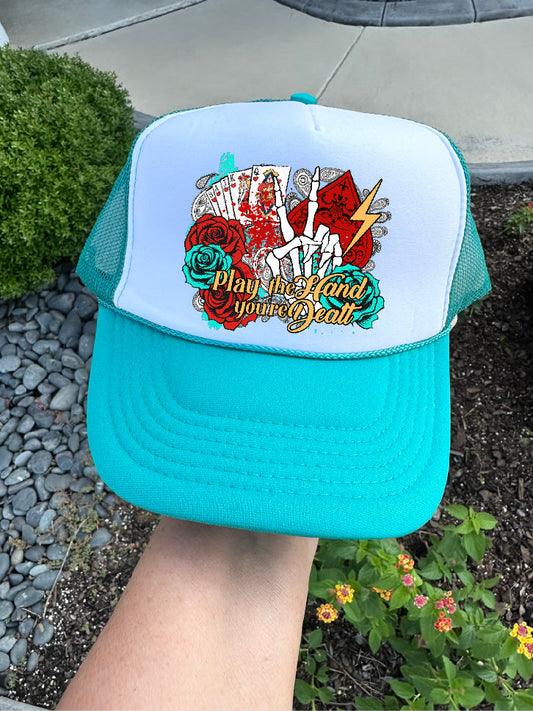 The Hand You're Dealt DTF Printed Jade & White Trucker Hat